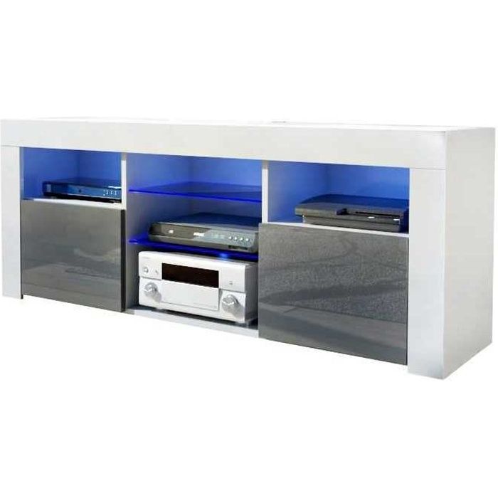 Meuble tv blanc mat / gris laqué + led RGb / 145 x 55 x 35 cm