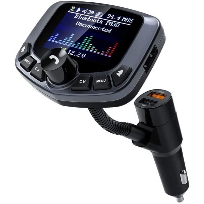 TechRise Transmetteur FM Bluetooth pour voiture, adaptateur autoradio avec écran couleur 1,8 pouces, QC3.0 2,4 A double ports USB po