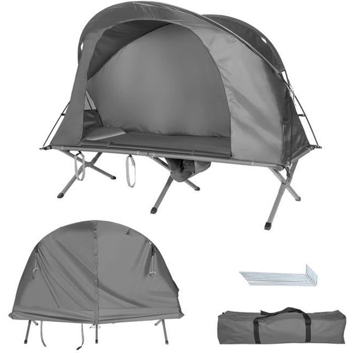 COSTWAY Tente Camping Surélevée pour 1 Personnes Matelas Auto-gonflant Sac Transport à Roulettes Double Toit Crochet de Lampe Gris
