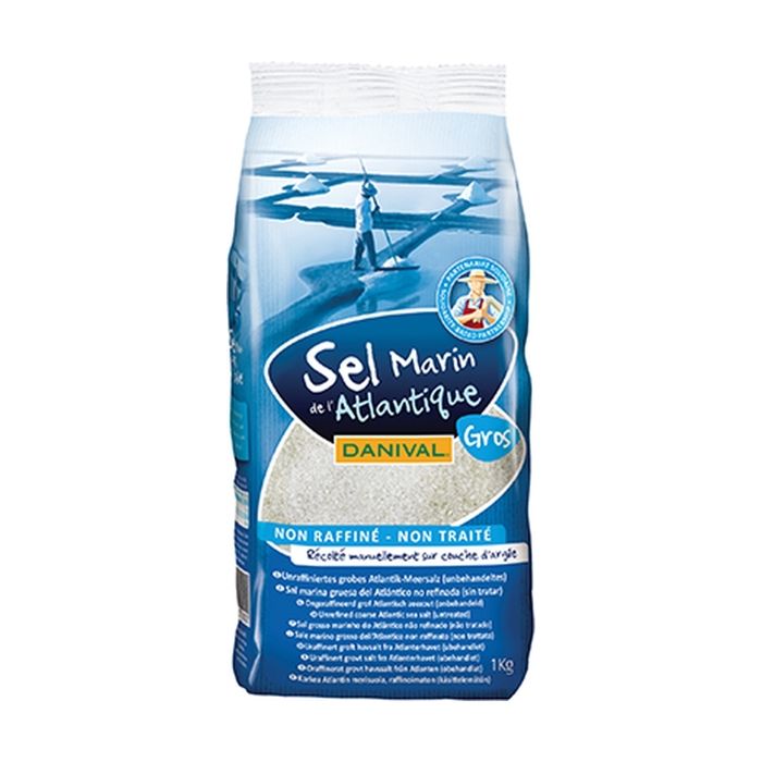 DANIVAL - Sel GROS Marin Gris de l Atlantique, non traité, non raffiné - GROS 1 kg - Récolté manuellement sur couche d argile