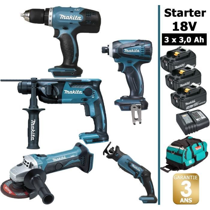 Pack de machines outil - Makita - 5 outils 18V comprenant: Perceuse 42Nm DDF453 + Perforateur 1,3J DHR165 + Meuleuse DGA452 + V#63