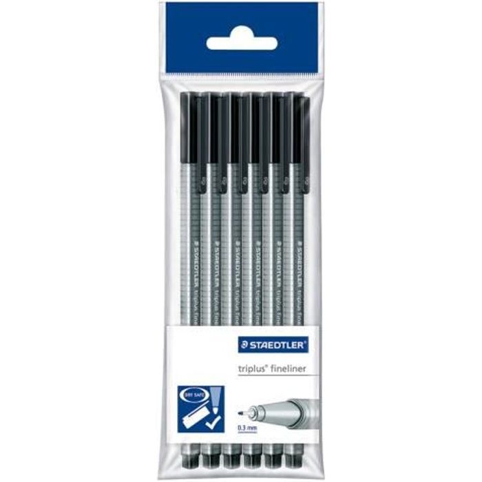 STAEDTLER triplus Feutre fin noir encre à l'eau 0.3 mm très fin pack de 6