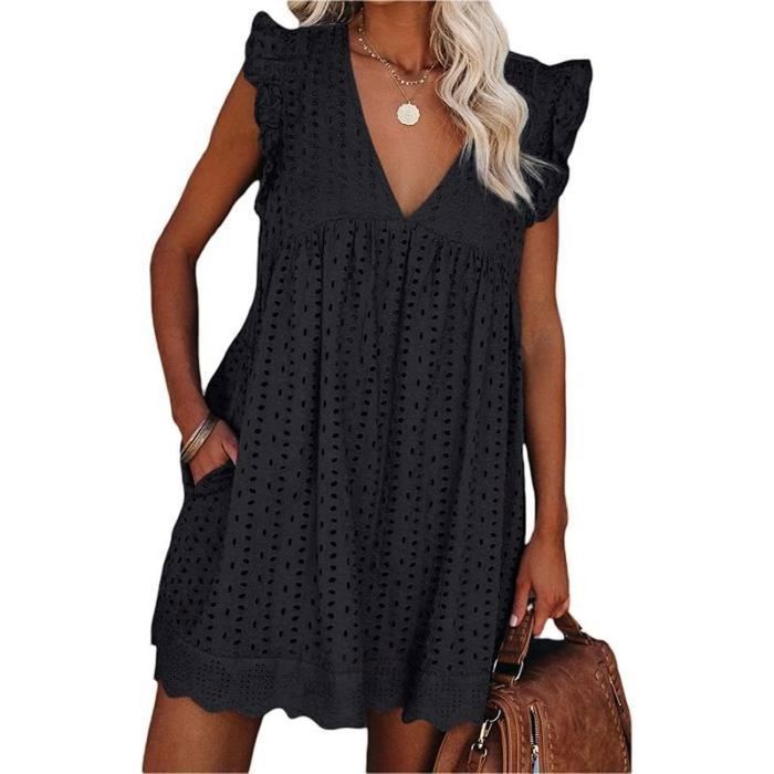 Robe courte en denim col V manches courtes estivale