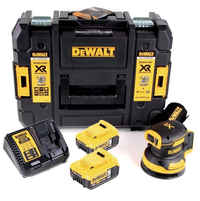 DeWalt DCW 210 P2 Ponceuse excentrique sans fil et sans balais 18V 125 mm + 2x Batterie 5 0 Ah + Chargeur + Coffret de