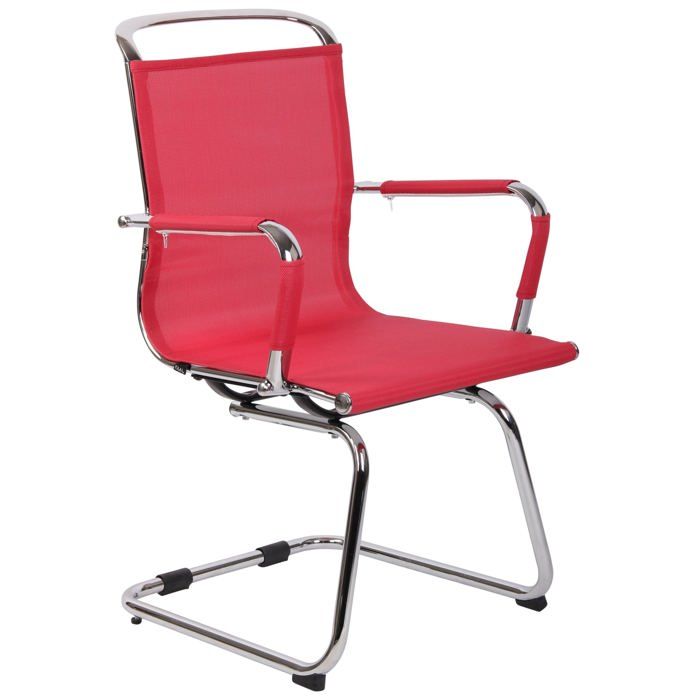 Chaise fauteuil de bureau sans roulettes pietement luge en metal chrome assise en tissu maille rouge 10_0003263