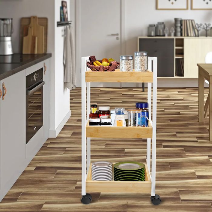 Chariot à 3 niveaux pour cuisine salle de bain chambre étagère de rangement 20*30*80cm Pieds en fer blanc+boîte en bambou.