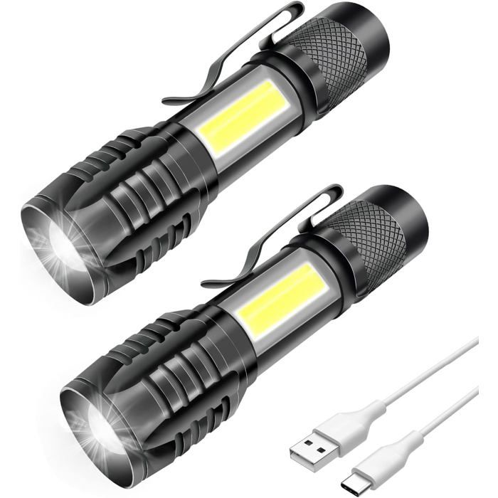 Lot de 2 lampes de poche LED rechargeables puissantes professionnelles 3 modes zoomables COB petite poche à LED avec aimant IP5