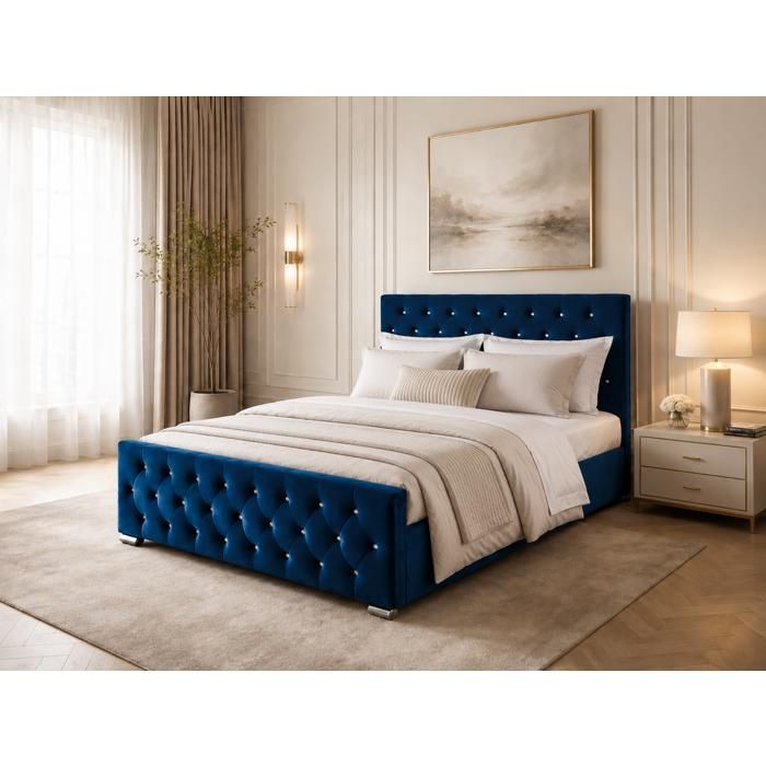 Lit 2 places 140x190 cm velours bleu sommier inclus PRESTIGE