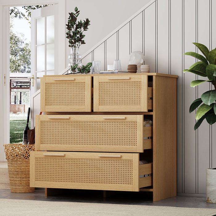 Commode Armoire en rotin 4 tiroirs Poignées en bois massif Pour chambre salon couloir Naturel 80×80×38 cm Commode Armoire en rotin 4 tiroirs Poignées en bois massif Pour chambre salon couloir Naturel 80×80×38 cm