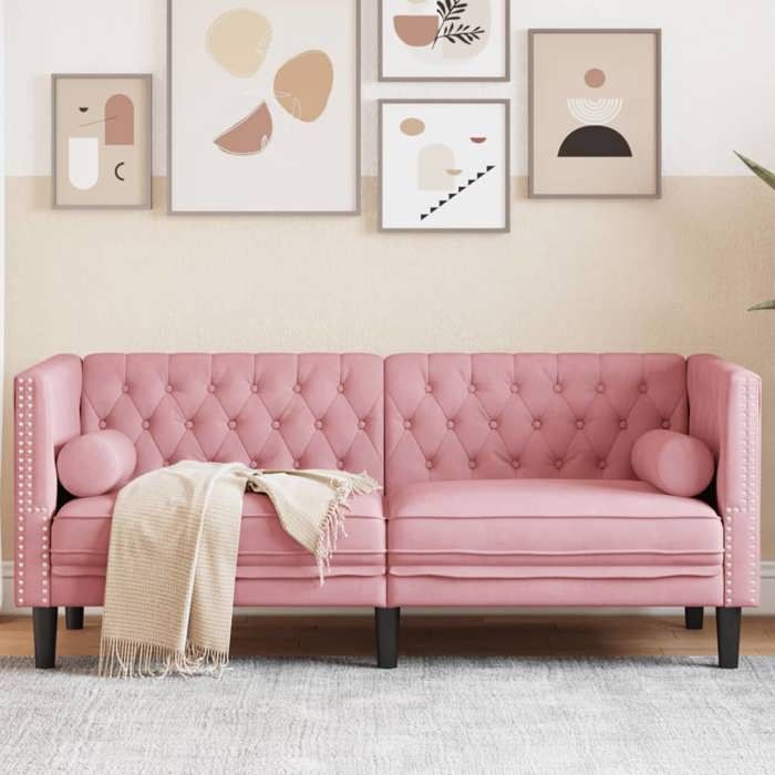 Rose Canapé Chesterfield avec traversins 2 places - KEETHE - Sofa adulte/enfant - rose velours LL961