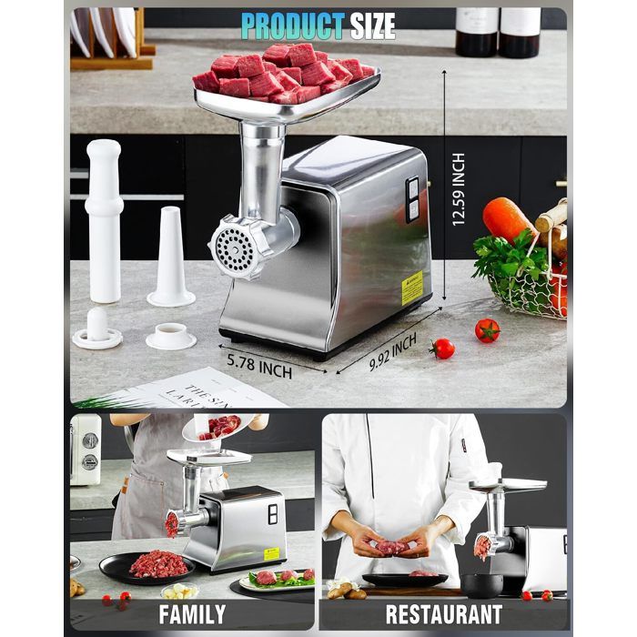 Hachoir à Viande électrique 2800W - 3 Plaques De Broyage Inox (gros, Moyen, Fin) + Accessoire Saucisses - Multifonction Viande Et Légumes
