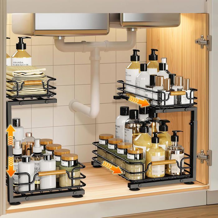 Lot de 2 Rangement sous Evier 2 étages Métal Organisateur sous Evier ，Réglable en Hauteur Rangement Organisation de Cuisine