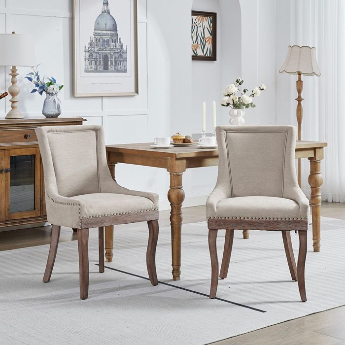 Chaise Lot de 2 tissu épais pieds bois massif clous bronze beige Chaise Lot de 2 tissu épais pieds bois massif clous bronze beige