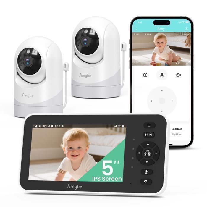 Simyke BabyPhone 330°-Moniteur 5-Contrôle température-Vision nocturne-Connexion jusquà 450 mètres-Angle 120° Two-way Talk-2caméras