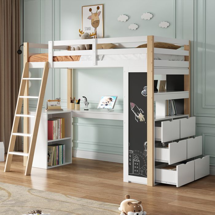 Lit mezzanine enfant 90 x 200 avec échelle bureau compartiment de rangement grand tiroir tableau noir étagère lit en bois