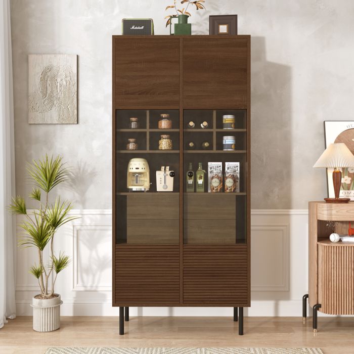 Vitrine Armoire en verre et bois noix pour salon et salle a manger -avec 2 porte de rangement -7550 x 35 x 1645 cm