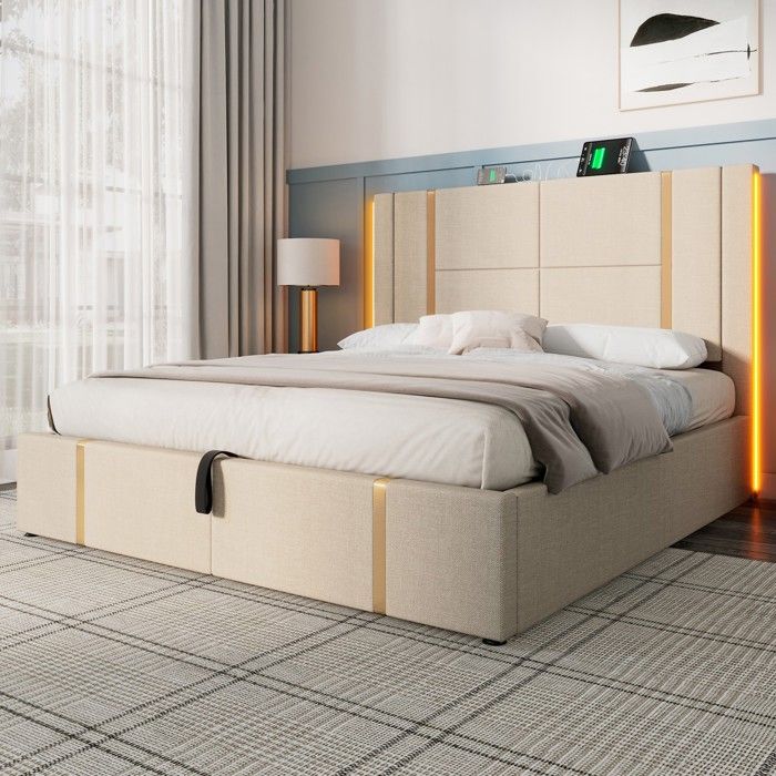 Lit Double 180x200 avec Cadre en Bois Rangement LED USB-C et Tête de Lit Contrôlable Tissu Lin Beige Sans Matelas Lit Double 180x200 avec Cadre en Bois Rangement LED USB-C et Tête de Lit Contrôlable Tissu Lin Beige Sans Matelas