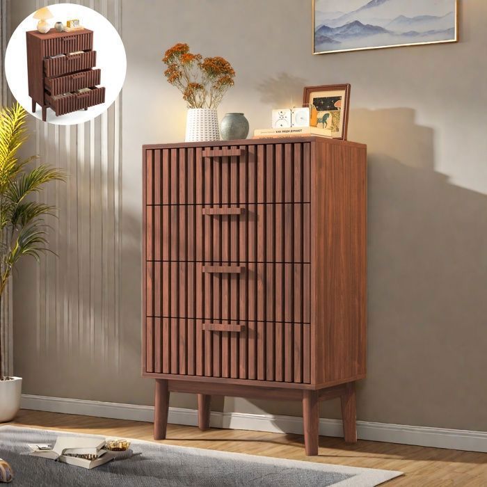 Commode 4 Tiroirs Noyer Meuble de Rangement Chambre avec 4 Tiroirs Commode Scandinave en Bois Massif 60x34x91cm Style Moderne