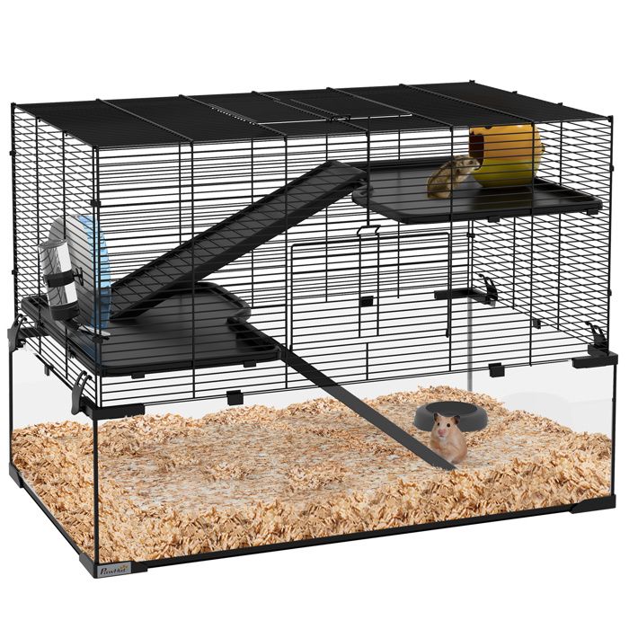 Meilleurs prix pour Cage hamster - PawHut - 3 niveaux - roue rampes maisonnette abreuvoir mangeoire - 765L x 485l x 545H cm - noir