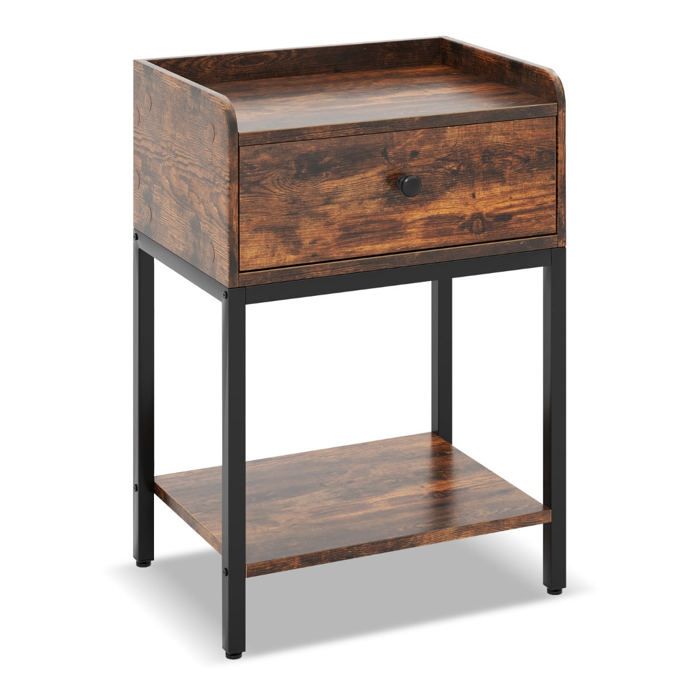 Table de chevet - HELLOSHOP26 - 42x30x60 cm - Station de recharge intégrée - Bois & métal - 1 tiroir + étagère