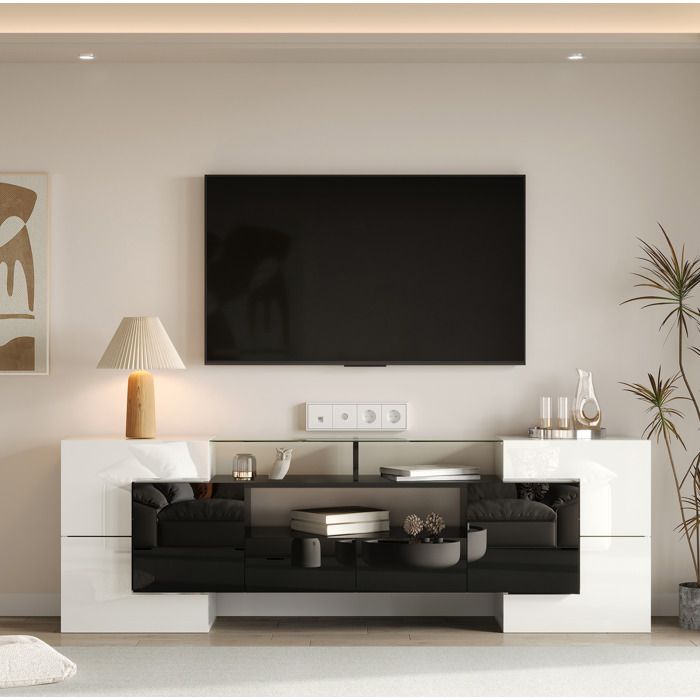 Meuble TV haut brillant blanc et noir - ELVMI - LED 6 portes 2 tiroirs 3 compartiments verre 200 × 35 × 60 cm