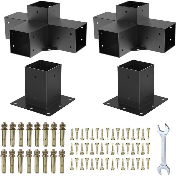 Kit Supports de Pergola 4x4 po Support de Poteau Bois de Menuiserie 2 Supports dangle à 4 Voies 2 Bases de Poutres