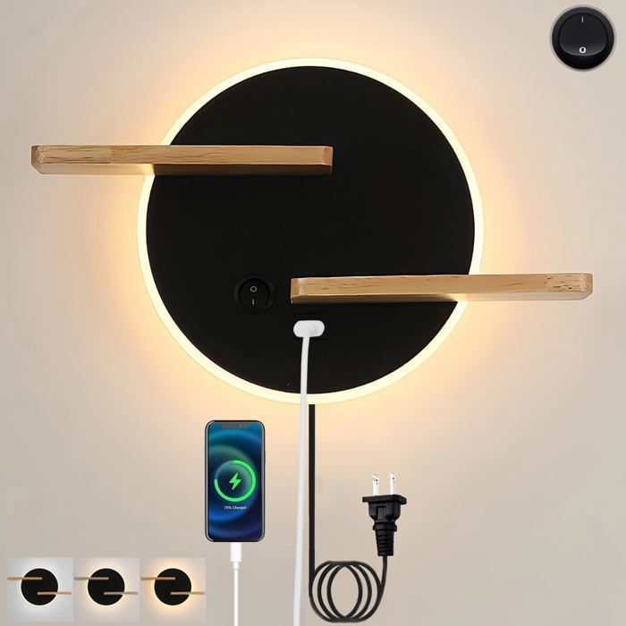 Applique Murale Chambre avec Interrupteur 3 Température LED Lampe de Chevet avec Port Plateau Applique Liseuse 9W Lampe Noir