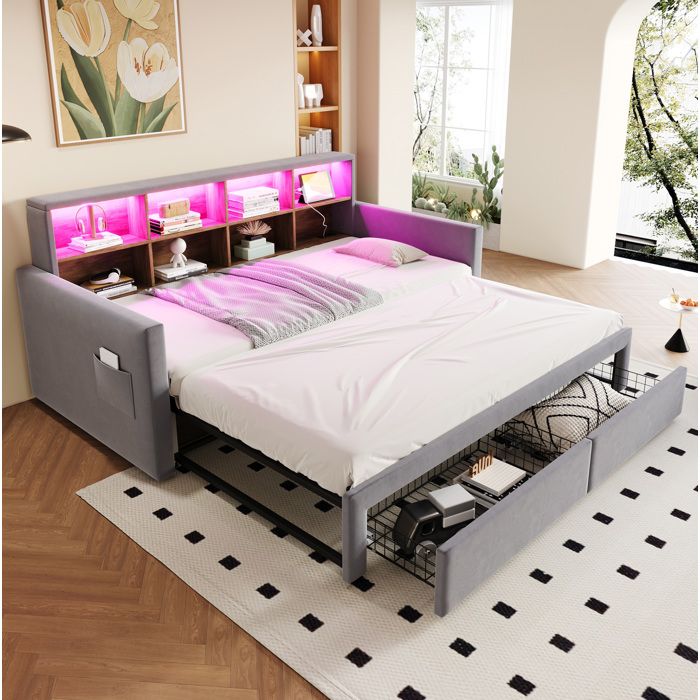 Lit banquette convertible en velours gris clair avec LED prises et rangements
