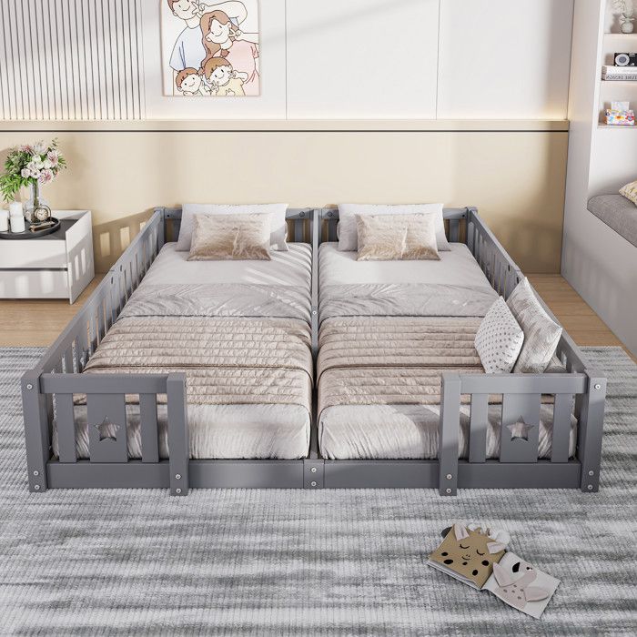 Lit évolutif 2x 90x200cm - Lit au Sol - Lit Double Enfant Barrière 90x200 - Design Étoiles - avec Sommier - en Pin Massif Gris