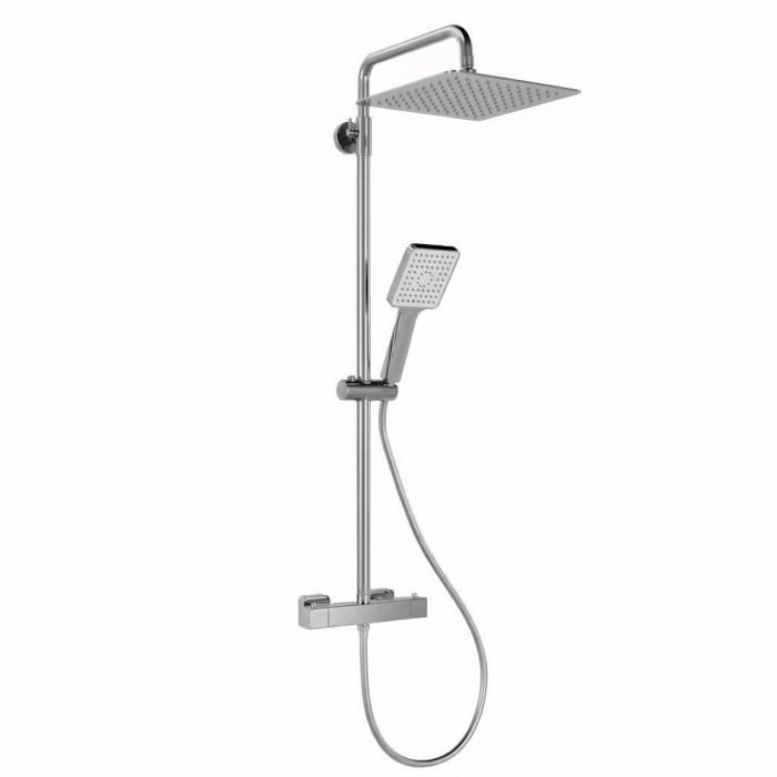 Mitigeur de douche thermostatique-Carré-Sortie sup/inf-Douche pluie 10 inox-Douchette 5F-Chromé
