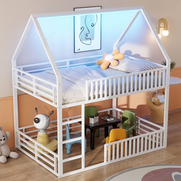 Lit cabane Enfants 140x200 Lit Superposé avec Clôture et Lumière LED Lit en Métal Cadre en Forme de Maison Blanc (sans matelas)