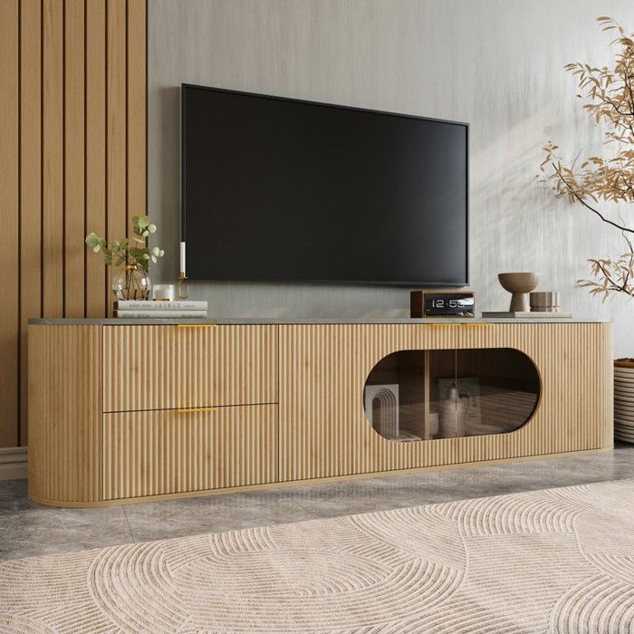 Luscriate - Meuble TV en Bois Naturel avec Plateau en Céramique Avec Rangement et Convient aux téléviseurs de 70 pouces