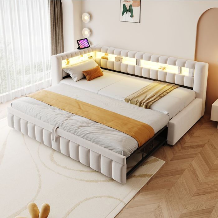 Canapé-lit beige 90×200 cm modulable avec LED réglables USB-C sommier inclus et rangement