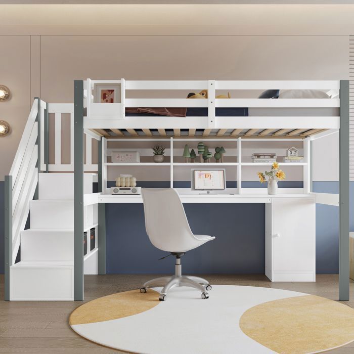 Lit mezzanine - Becag - Lit Enfant 90x200cm avec bureau et casiers - Lit avec échelle latérale et rangement - Blanc+Gris