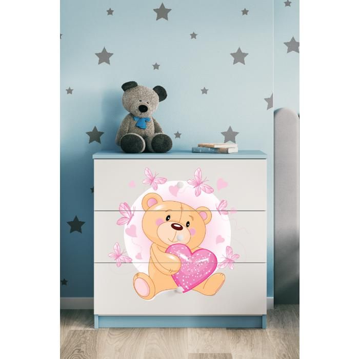 Commode enfant avec tiroirs ours en peluche et papillons bleue - Babydreams