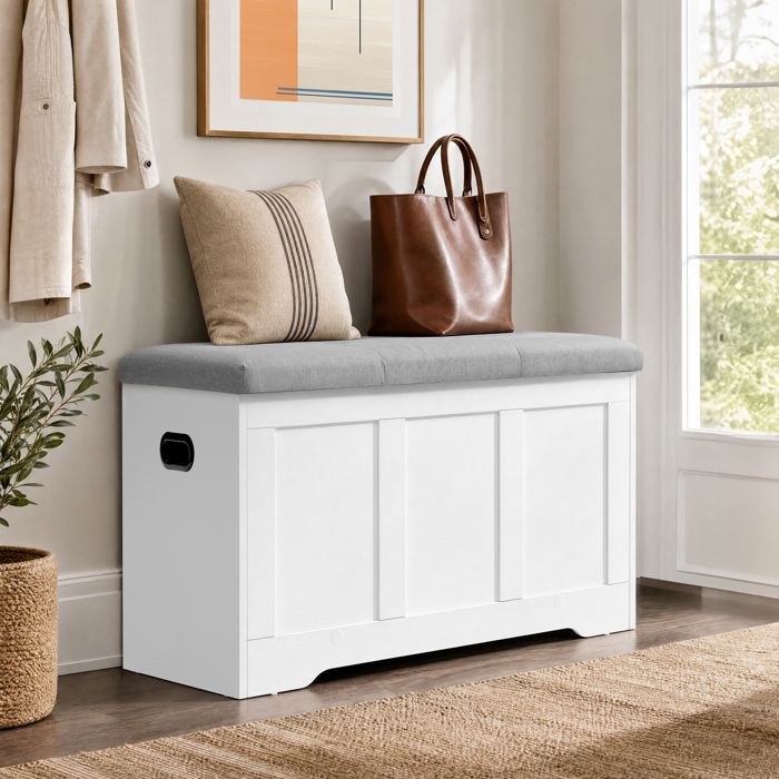 Coffre de Rangement 2 Charnières de Sécurité Style Rustique pour Entrée Chambre 41 x 81 x 49 cm Blanc et Gris