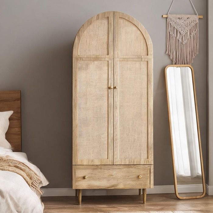 Grande armoire dressing 175 cm avec penderie et tiroirs portes tissu lin et finition chêne design arrondi