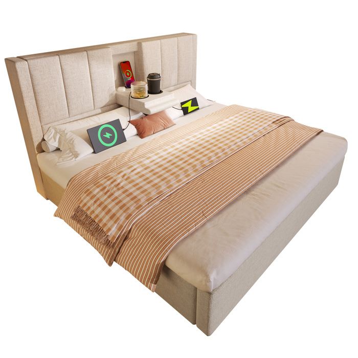 Lit double 180x200 cm capitonné coffre hydraulique avec rangement sommier à lattes lin beige sans matelas