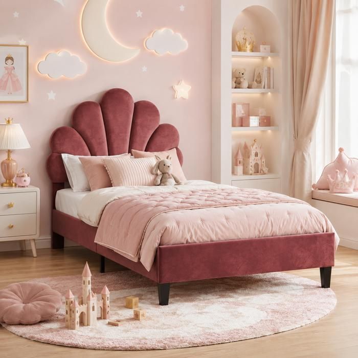 Lit Enfant Fille 90x200 cm Tête de lit Pétales en Réglable Lit simple avec Sommier à Lattes Velours Rouge Bordeaux