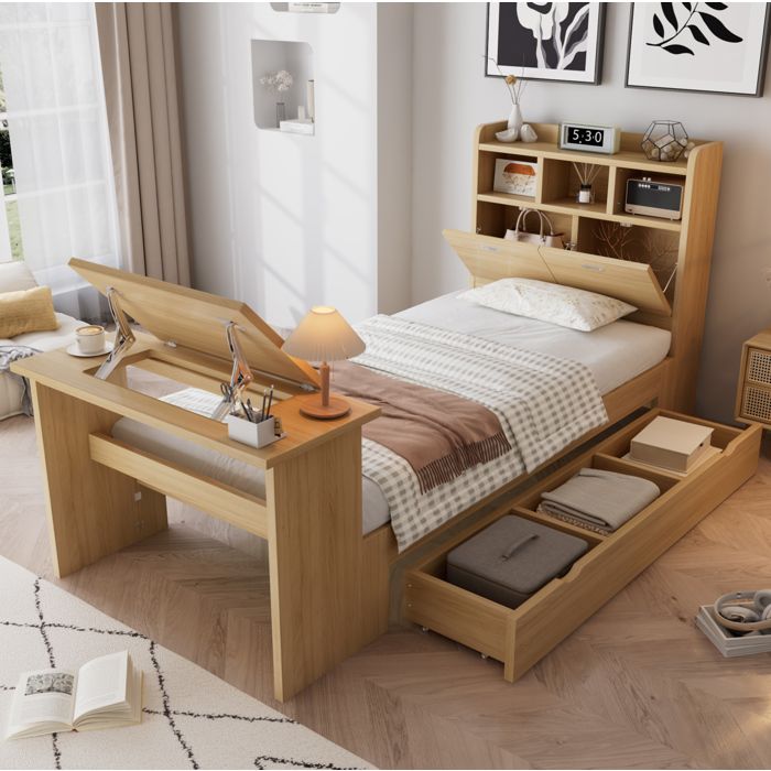 Lit Combiné Lit Simple avec Étagères Tiroir Réversible et Table Rabattable 90×200 cm sans Matelas