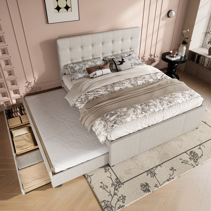 VEVXYN lit adulte double couchage gigogne rangement 140 x 200 cm en lin beige avec 3 tiroirs et tête de lit réglable