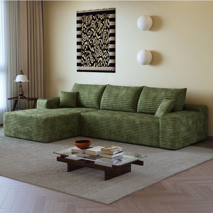 Canapé d’angle modulable 3 places assise profonde sans montage - YEAVIO - méridienne gauche velours côtelé vert