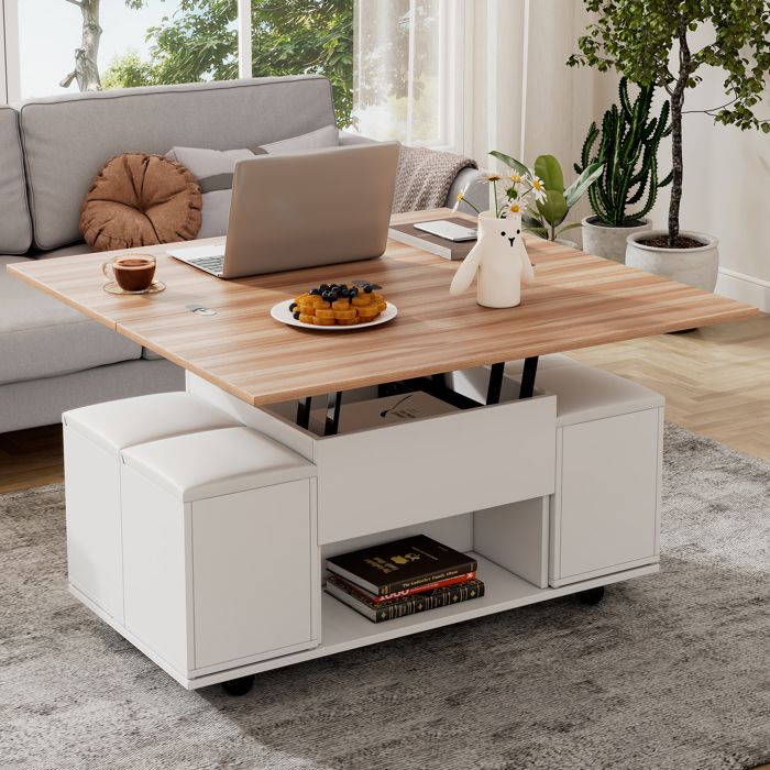 Table basse relevable 3 en 1 avec rangement 4 tabourets et roulettes table de salon multifonction blanc effet bois