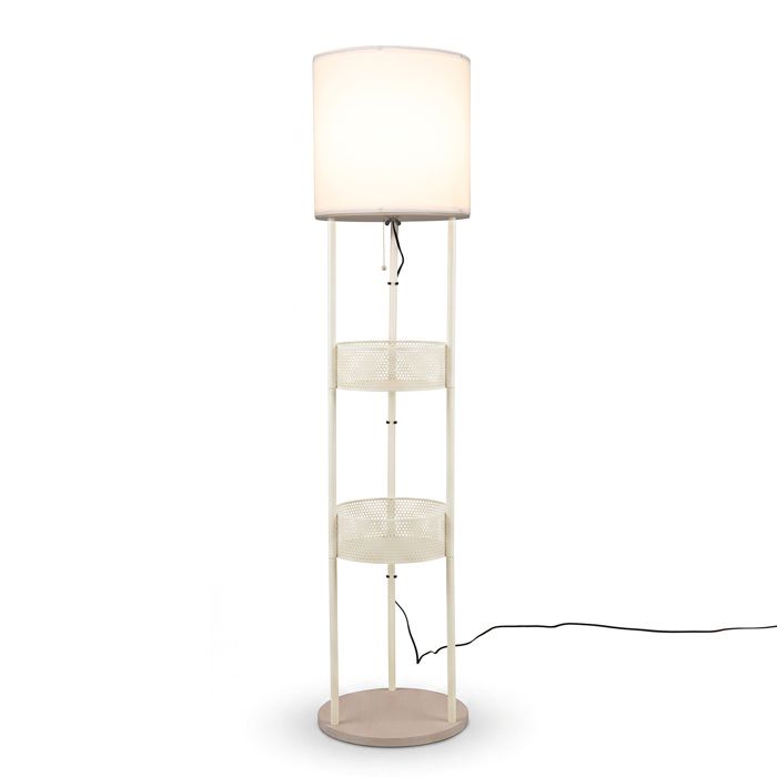 Lampadaire sur Pied Salon 158CM COSTWAY-avec Abat-jour en Lin-Étagères et 2 Paniers de Rangement-Interrupteur à Tirette-Bureau