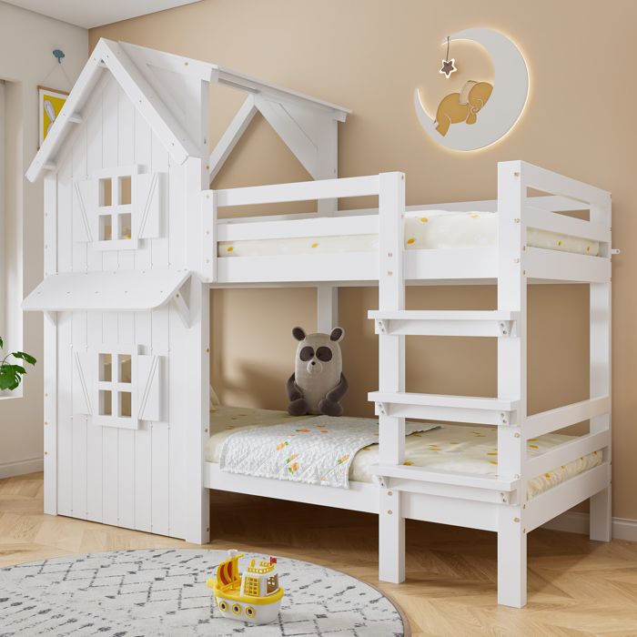 Lit superposé enfant - 90 x 200 - Maison blanche avec fenêtres et toit - Barrières de sécurité - Échelle 3 marches