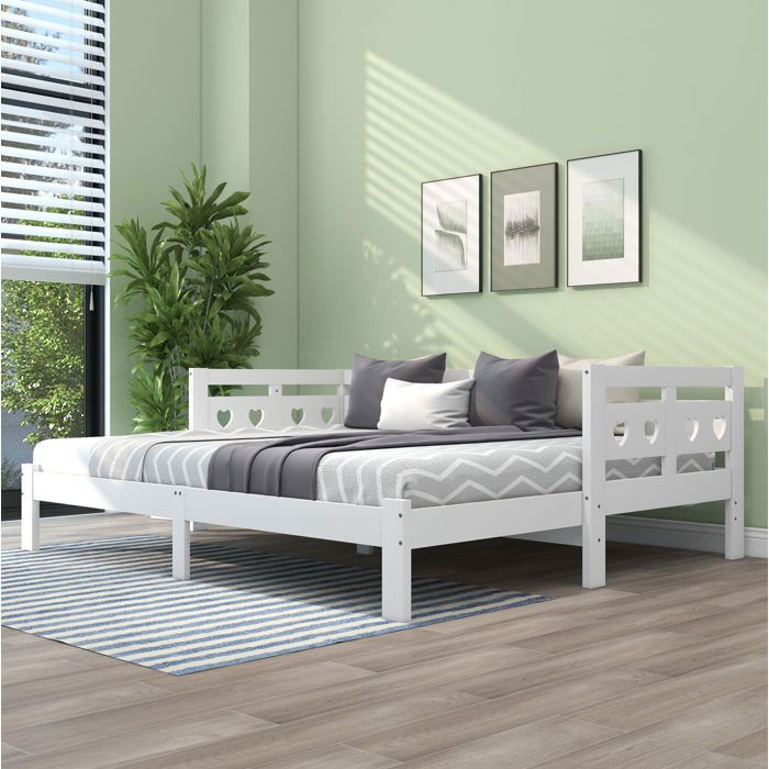 Lit gigogne extensible 90x200 cm blanc forme cœur sommier à lattes pin et MDF 2 couchages TYNQER