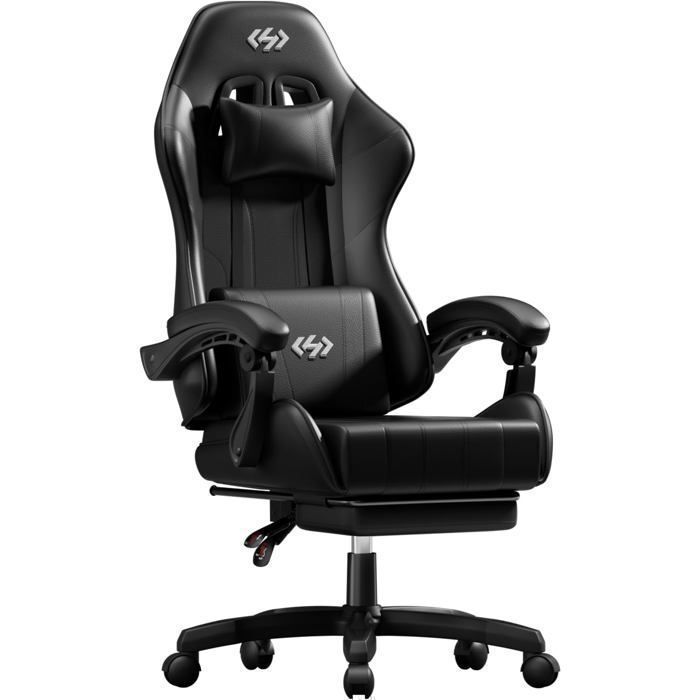Fauteuil Ergonomique  avec Repose-Pieds et Coussin Lombaire  Inclinable 90°-135°  pour Chambre et Travail Noir