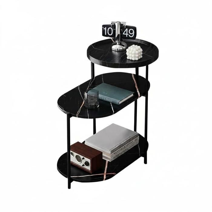 JOLLYTOP Table dappoint 3 niveaux en métal noir plateau effet marbre étagères ouvertes rangement design gain de place