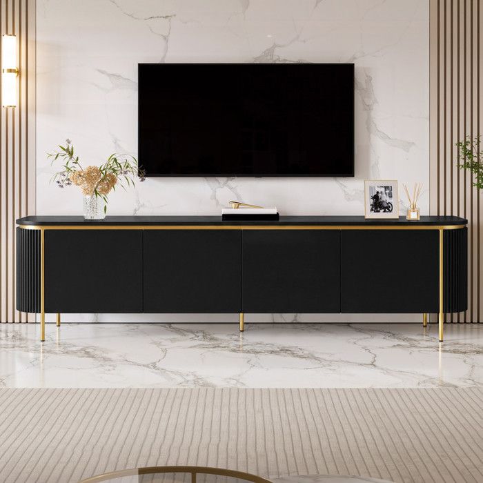 Meuble TV bas 180x38x46cm meuble TV MDF avec pieds en fer 6 portes extrémités arrondies finition rainurée passe‑câbles noir