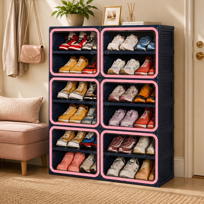Meuble à chaussures pliable SORVAGLOS 85×34×104 cm 6 niveaux 24 Paires porte transparente en PET matériau PP style moderne bleu